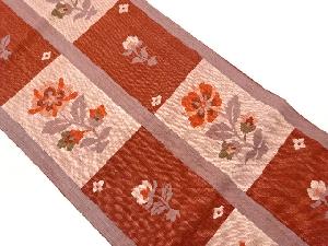 手織り紬変わり市松に花葉模様織出し名古屋帯